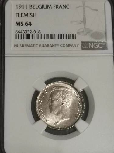 Belgium 1 Franc 1911  Flemish Albert I  NGC MS64  TOP POP