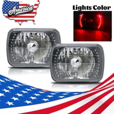 7" Inch 7X6" Clear Glass Lens Red LED Sealed Beam Chrome Headlights Lamps Pair