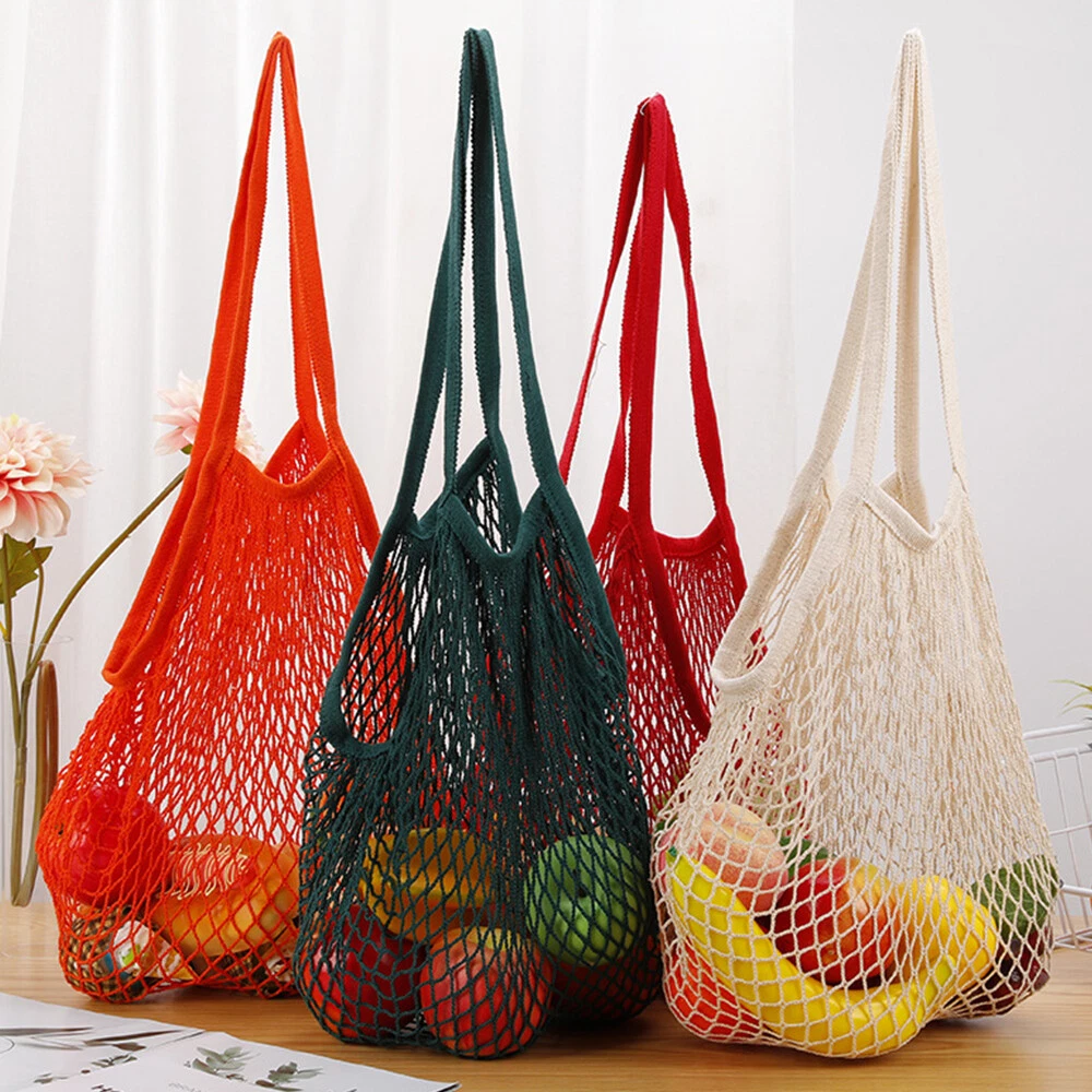 Reusable Cotton Mesh Grocery Bags Foldable Long Handle Net Tote Bag for  Shopping