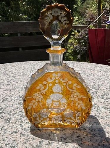 ANTIQUE CZECH MOSER INTAGLIO AMBER CASED ENGRAVED TO CLEAR GLASS DECANTER 10” -2 - Picture 16 of 17