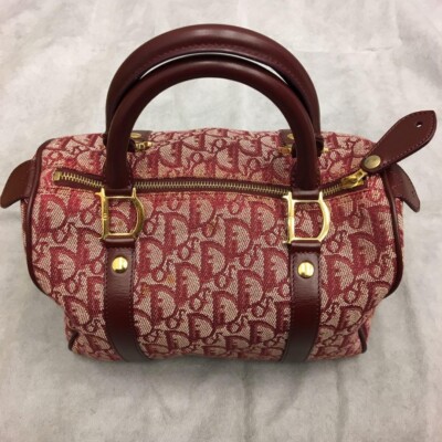 Christian Dior Trotter Canvas Leather Boston Handbag Red Vintage