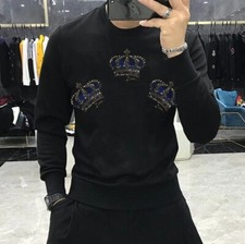 Felpa con Cappuccio Uomo Lusso Corona Diamante Strass Moda Nera Alta Qualità Nuova