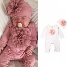 2PCS Newborn Baby Girl Clothes 3D Floral Long Sleeve Romper Jumpsuit Outfits