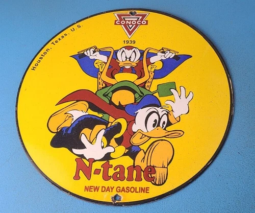 Vintage Conoco Gasoline Sign - Porcelain Metal Gas Station Motorcycle Ducks Sign