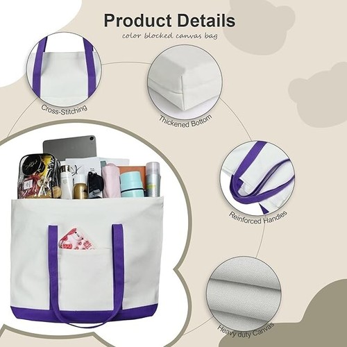 Large Canvas Tote Bag with External Pocket Reusable Grocery Bags Shopping Bag - Picture 5 of 6