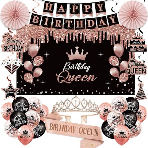 Birthday Decorations for Women 33pcs Birthday Queen Crown and Sash Black Rose...