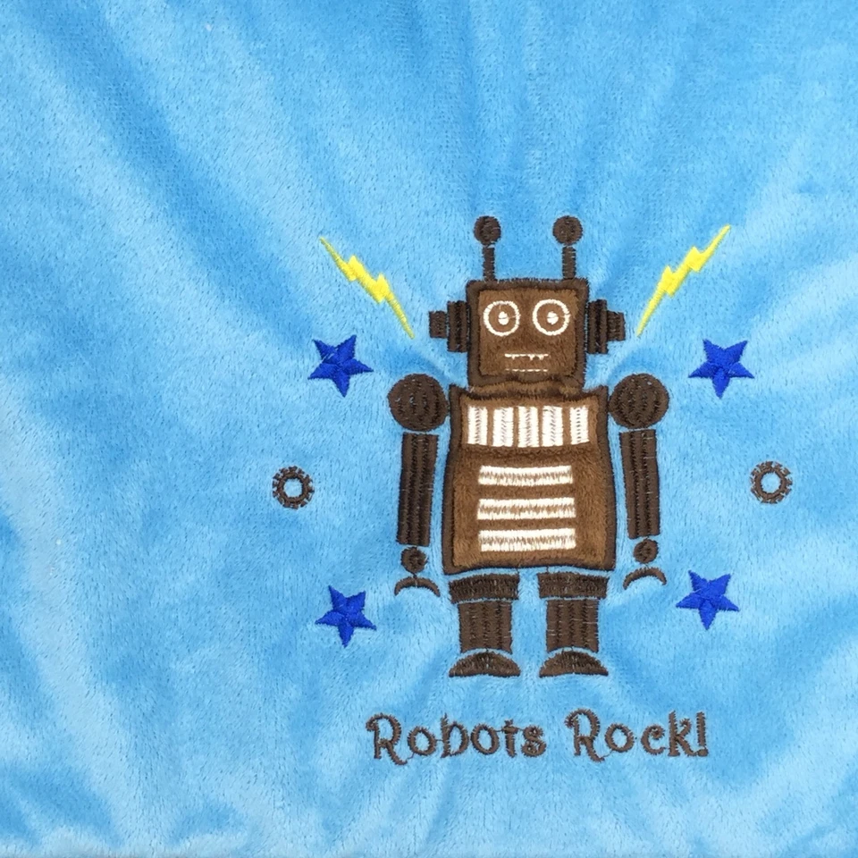 Blue Robots Rock Baby Blanket Brown Velour Sherpa Fleece  - Image 2 of 4