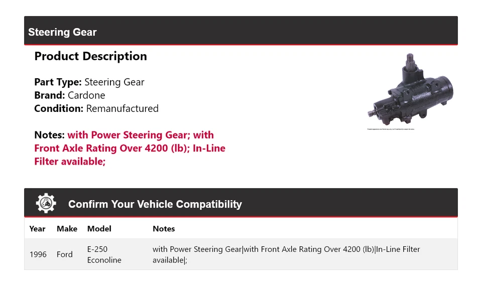 For 1996 Ford E-250 Econoline Steering Gear Cardone - Image 2 of 4