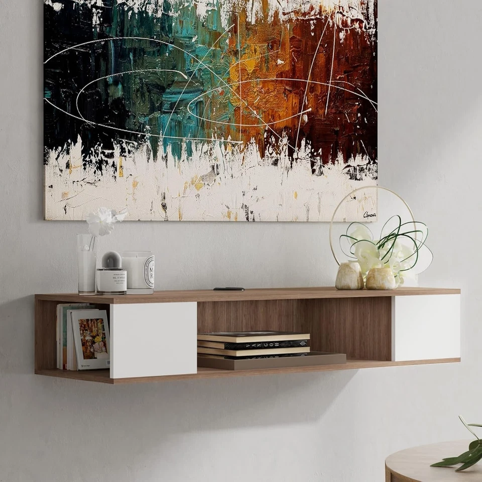 Suporte de TV flutuante branco - Console de mídia durável montado na parede com berloque vintage - Imagem 3 de 4