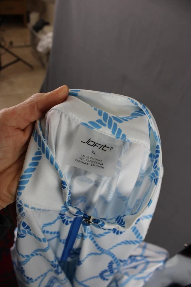 Jofit 女式白色蓝色印花 1/4 拉链长袖衬衫上衣 XL — 第 3/4 张图片