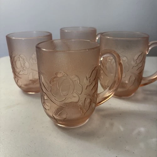 Arcoroc Rosa Pink Rosaline Glass Mugs 3 7/8" Set of 4 Frosted Floral Embossed