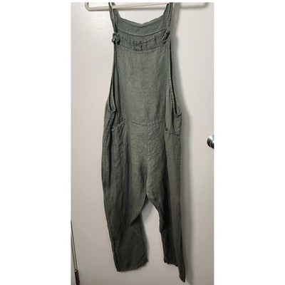 Made In Italy 100% Linen Women's Jumper Overalls Green Cropped OS Pockets