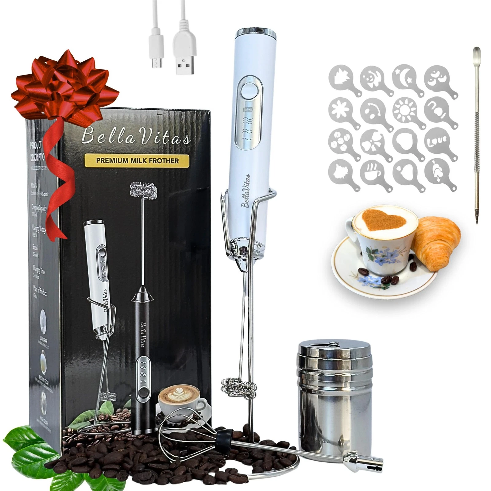 Milk Frother Handheld Rechargeable 3-Speed Electric Frother Wand Whisk Foam M...