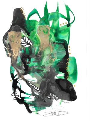 Green gold black ink drawings Mitak alcohol acrylic Indian ink painting on paper