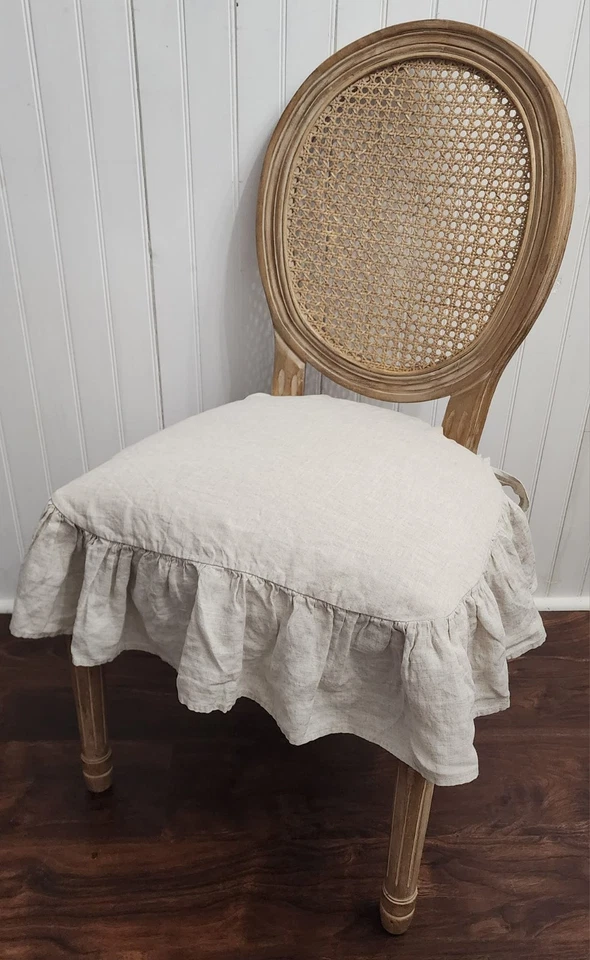 French Linen Chair Seat Slipcover with 4 sided Ruffle Natural Beige Large - Image 2 of 4