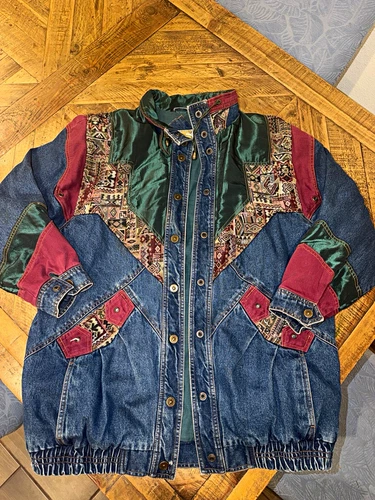 Currentseen Men Denim Jacket L Geometric 90s Retro Button Stand Collar Pockets - product listing photo