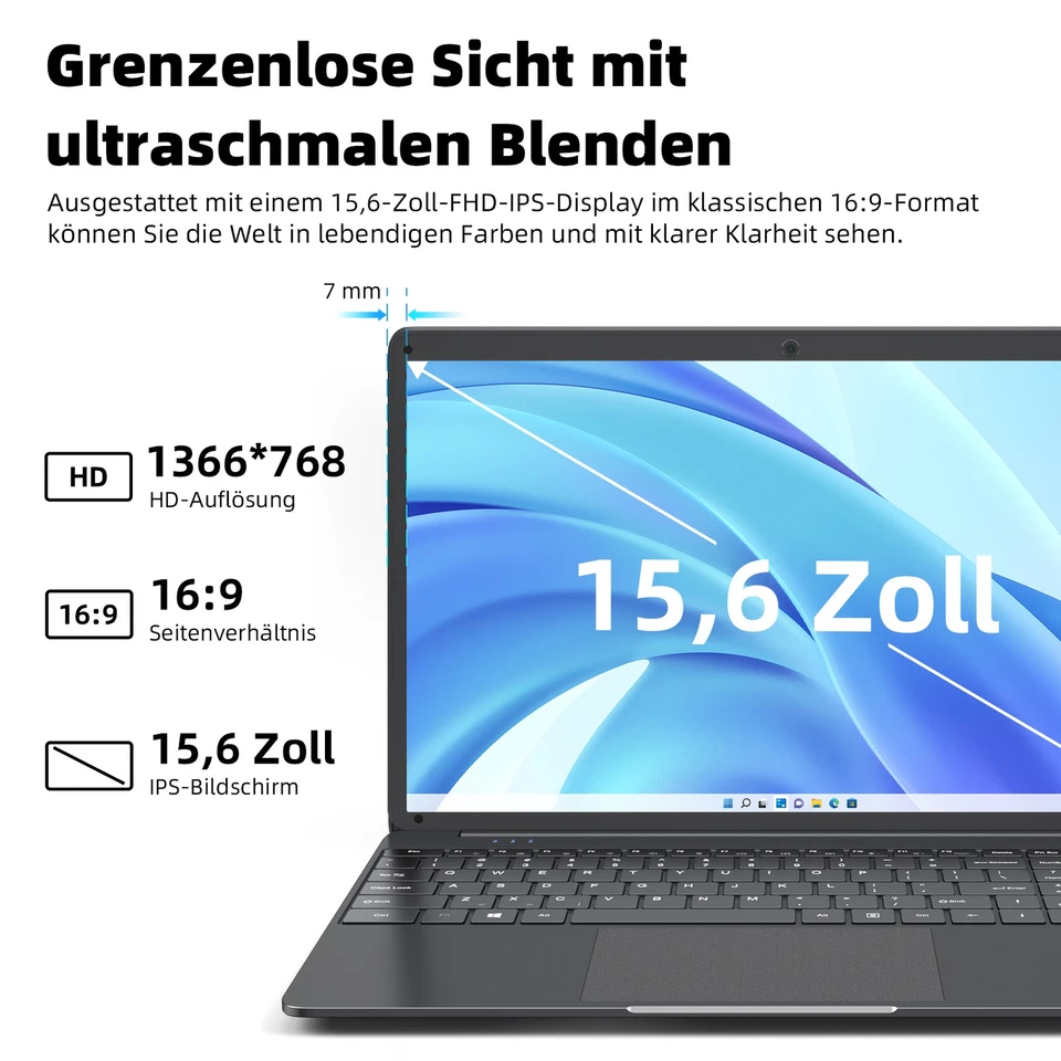 SGIN Notebook 15,6 Zoll Laptop 8GB RAM 256GB SSD Intel Quad-Core 2,8GHz Win 11 - Bild 3 von 4