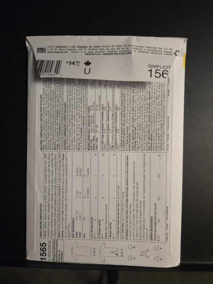 UNCUT Simplicity 1565 Baby Infant Romper, Hat, Sleep Sack XXS-S  Pattern Easy - Image 2 of 3