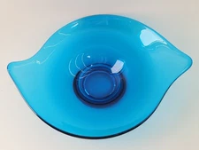 Viking Mid Century Modern Blue Blunique Epic Line Glass Candy Dish Candle Holder