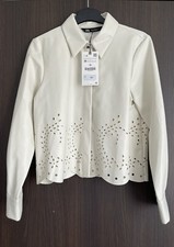 Zara Ecru Natural Soft Faux Leather Collared Overshirt With Cutwork Hem Size M