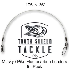 5 Pack 175 lb 36" Musky Pike Fluorocarbon Fishing Leaders Stay-Lok AFW BB Swivel