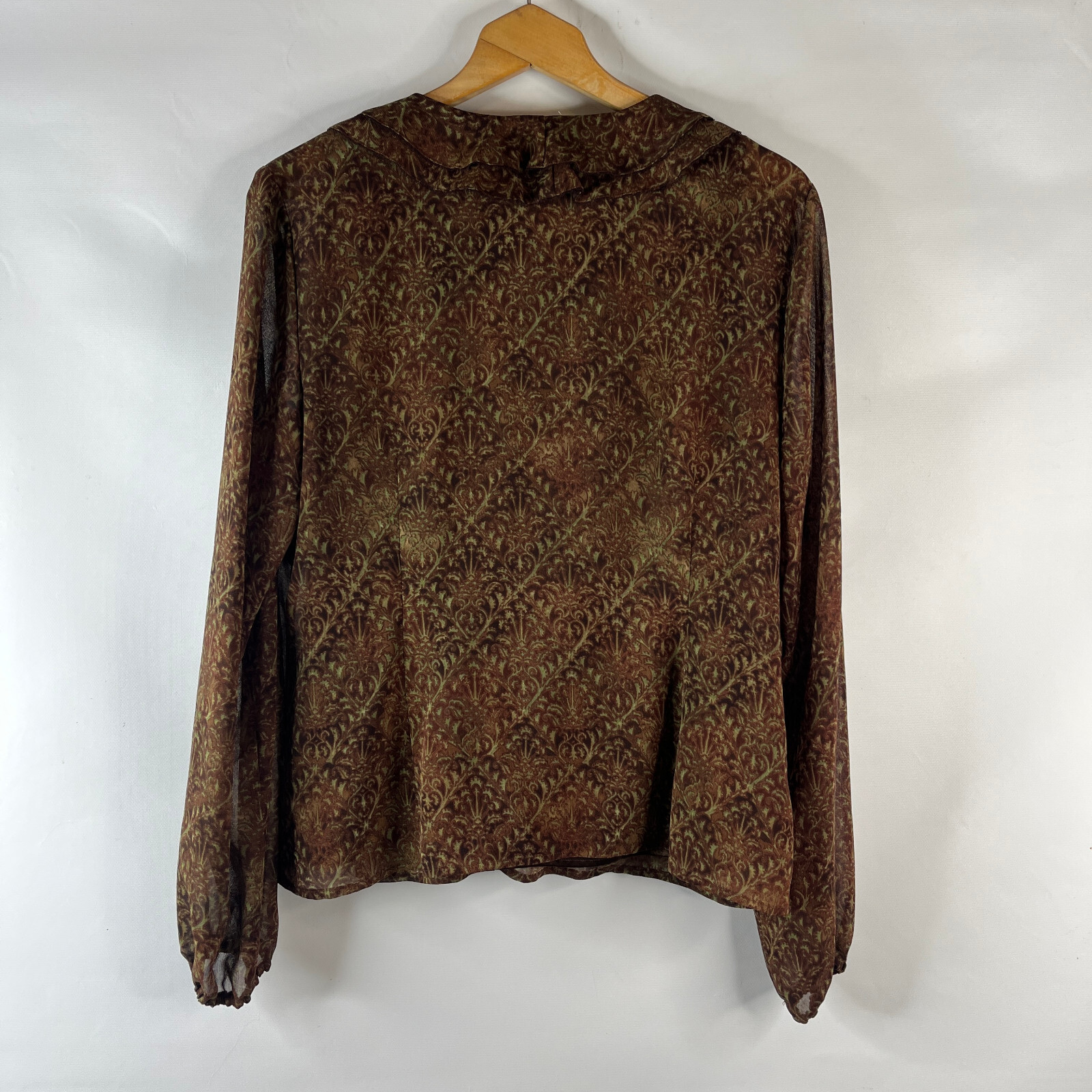 Tapemeasure Womens Y2K Blouse Shirt Top Size 14 Brown Green Floral Ruffle Sheer