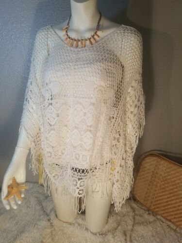Vtg. BoHo WHITE Cotton Crochet tassled Hippy Festival Wedding Top Shirt size L - Picture 2 of 12