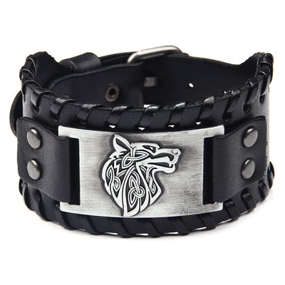 Herren Retro Breites Metall Schwarz Wolfskopf Lederarmband Punk Style Lederar...