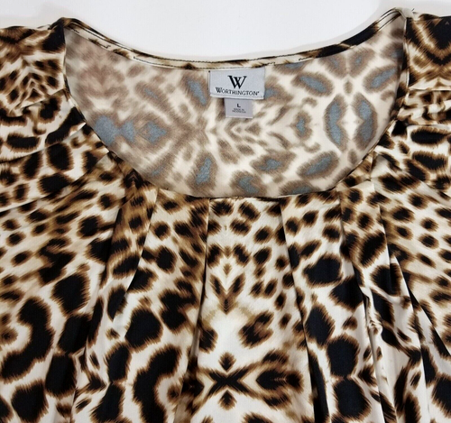 Worthington Wms L Sleeveless Top Animal Print Stretch Pullover Brown Ivory - Picture 3 of 13