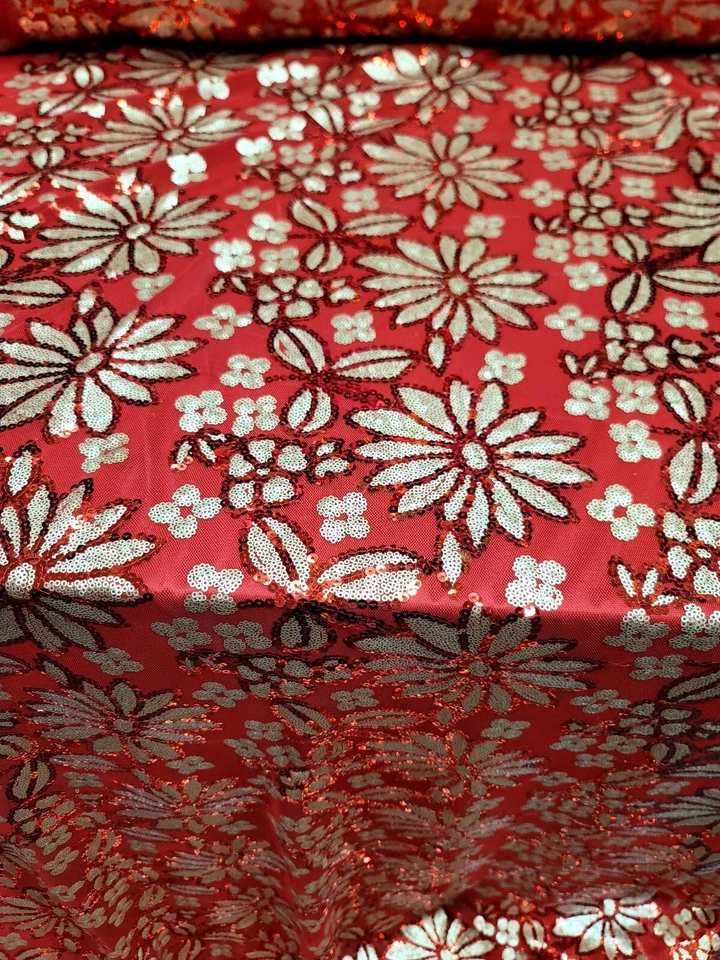 Tela por yarda roja dorada lentejuelas encaje floral bordado cuatro vías malla elástica Foto 3 de 4
