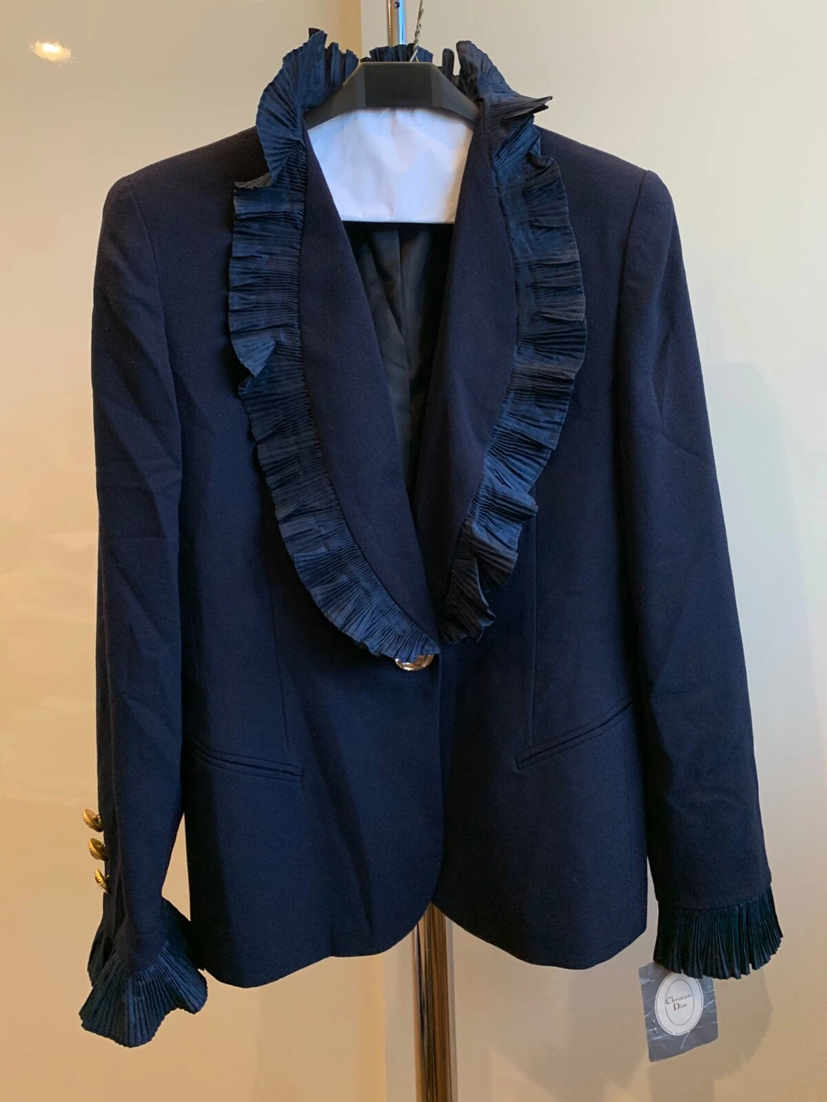 Giacca vintage Christian Dior donna blu navy lana seta accenti arricciacapelli taglia 4 nuova con etichette