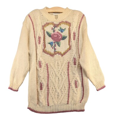 Needles Yarn Women's Cable Knit Tunic Sweater Medium Cream