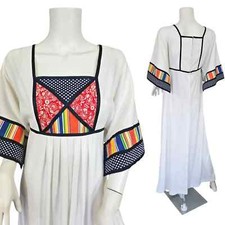 1970's White Poly Long Caftan Dress I Patchwork Yoke I Kimono Sleeves I Sz Med