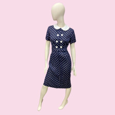POLKA DOT DREAM 1960s Navy Dress with Large Statement Buttons and Belt