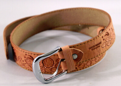 Ceinture En Cuir Épais De Mongolie - Couleur Fauve, Estampille Florale, 101 Cm