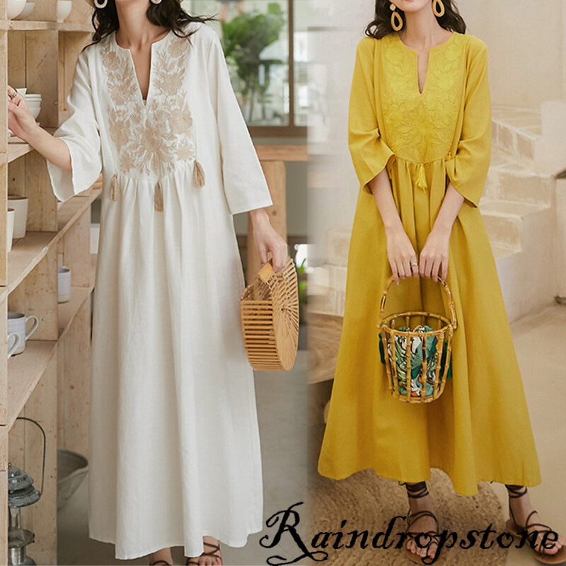 Women Vintage Ethnic Mexican Embroidered Cotton Linen Long Boho Loose Dress  New