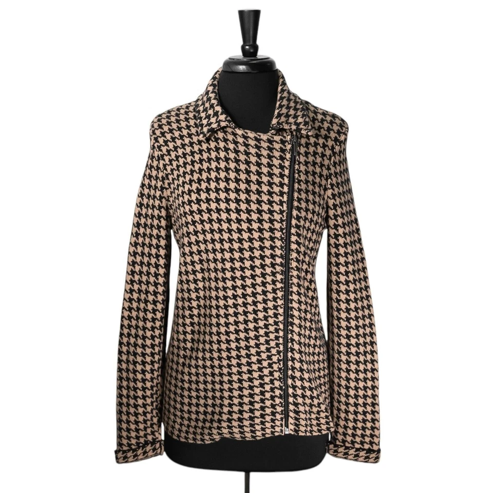 Chaqueta para mujer Chaps Ralph Lauren beige negra pata de gallo cremallera completa tejido suéter L Foto 2 de 4