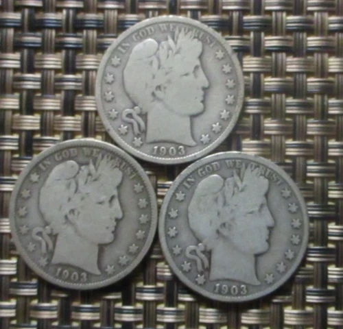 Barber liberty head half dollars 1903 P,O,S all three coins.