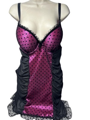 Passion Babydoll Gown Womens 1X Pink Black Polka Dot Satin Ruffle Lingerie Mesh