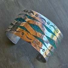Navajo Vintage Chip Inlaid Sterling Turquoise Chip Inlaid Mens Cuff Bracelet