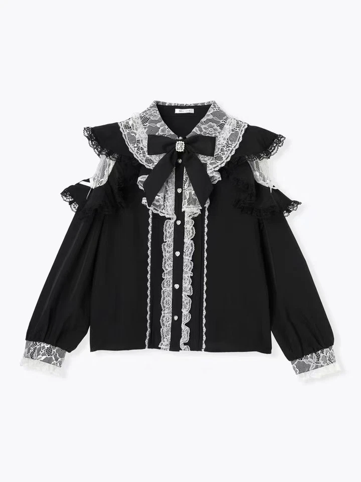 NOEMIE Jirai Kei Ryousangata Blusa de encaje con volantes hombro abierto (negro) Foto 2 de 4