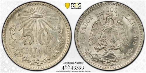MEXIKO ESTADOS UNIDOS 1921 50 CENTAVOS MÜNZE ZERTIFIZIERT BANKFRISCH PCGS MS64 - Bild 5 von 5