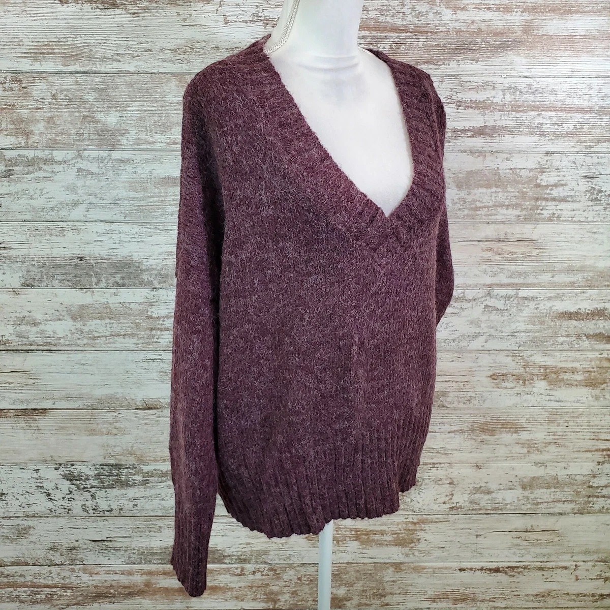 Abound V Neck Fuzzy Cozy Sweater In Burgundy Stem Size L eBay
