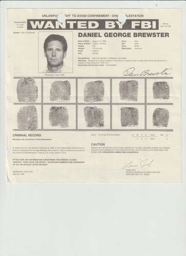 FBI POSTER RICERCATO DANIEL GEORGE BREWSTER-VOLO ILLEGALE-MOLESTIE SU MINORI