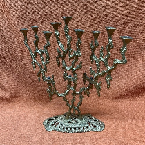 VINTAGE Israel Wainberg ottone Hanukkah Chanukah Menorah MCM design brutalista 13,5 pollici - Foto 16 di 17