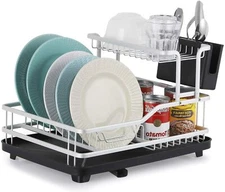 2-Tier Aluminum Dish Drying Rack w/ Drain Board Dish Cutlery Holder Set Kitchen