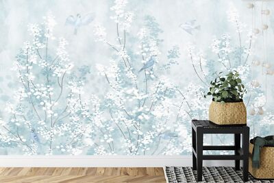 Weiche blaue Chinoiserie Vögel Kunst Tapete Wandbild abnehmbar abziehbar abziehen & kleben
