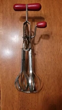 VTG  HAND MIXER EGG BEATER  Metal Crank Red wood handle Whip Whisk Old Farmhouse