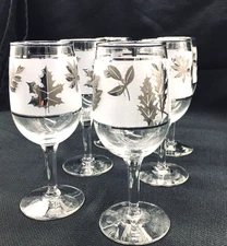 6 Vintage Libbey Silver Frosted Leaf Holiday Winter Wine Glasses 6” High MCM NEW