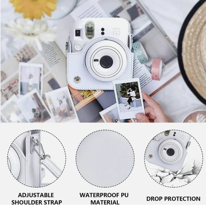 Funda para cámara de cuero PU blanca para Fujifilm Instax Mini 12 + álbum de fotos gratis Foto 2 de 4